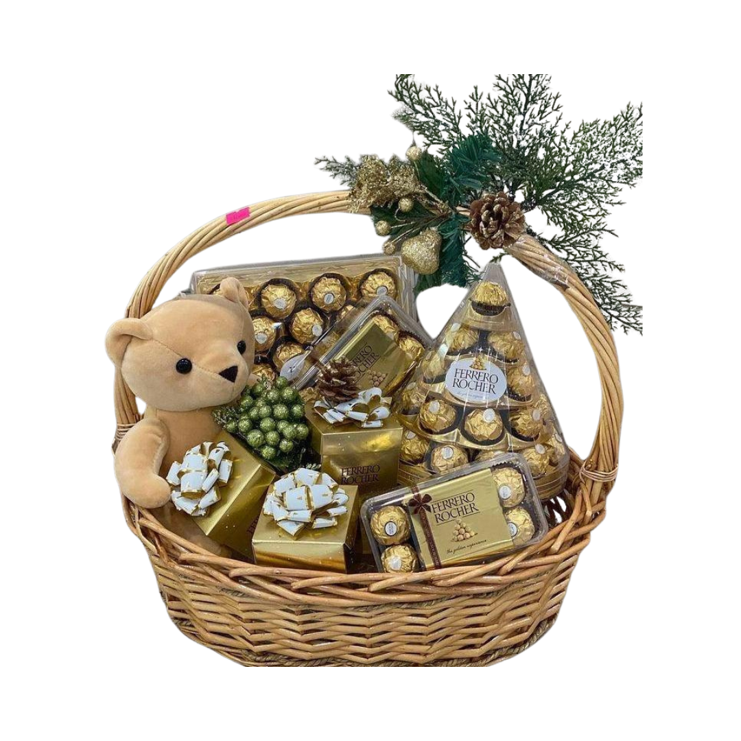 Eid al-Fitr Mubarak Sweets Gift - Luxury chocolates, floral arrangement, and teddy bear in a premium basket for festive gifting in Dubai.
